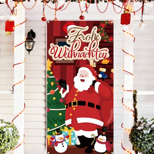 Frohe Weihnachten Banner, Weihnachtsbanner Outdoor Indoor, Merry Christmas Banner, Weihnachts Türdeko für Weihnachtsfeier Deko, Neujahr Party 90 * 180cm (Deutsch-Rot) von Moitkptt