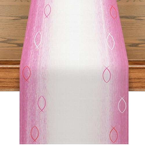 Tischläufer Kommunion Deko, Tischdeko Konfirmation Fische, Deko Kommunion Mädchen Tischband für Erstekommunion Deko, Taufe Party Dekoration (Rosa, 40*140) von Moitkptt