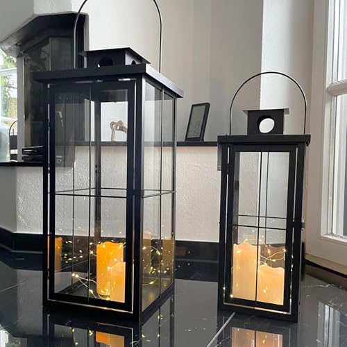 2er XXL Set Gartenlaterne Windlicht Laterne Laternen Metalllaterne Set Dekoration Außen Metall Schwarz H58/45cm von Mojawo