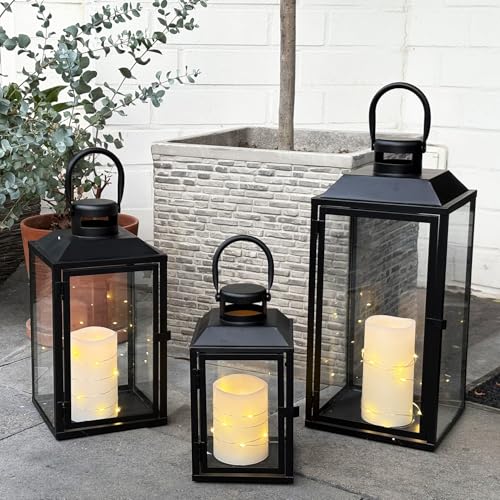 3er Set Gartenlaterne Windlicht Laterne Laternen Metalllaterne Set Dekoration Außen Metall Schwarz H24/33/41cm von Mojawo