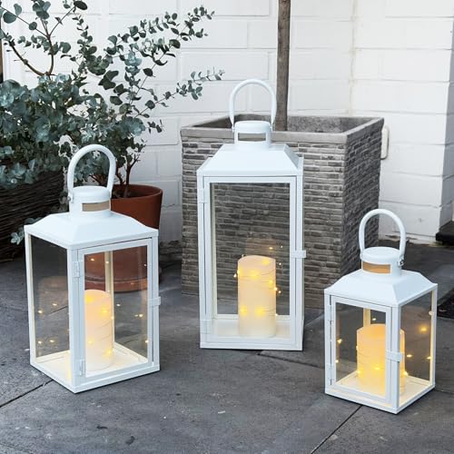 3er Set Gartenlaterne Windlicht Laterne Laternen Metalllaterne Set Dekoration Außen Metall Weiß H24/33/41cm von Mojawo