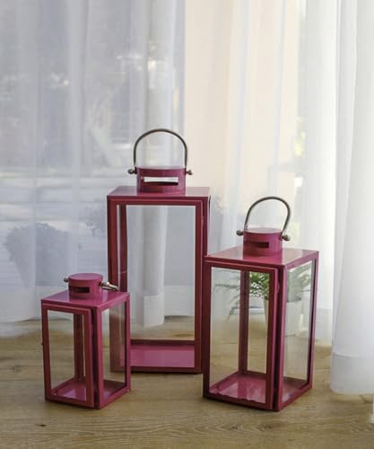 3er Set Gartenlaternen Set Windlicht Stalllaterne Windlicht Laterne Glas 30/40 / 53 cm Metall Pink von Mojawo
