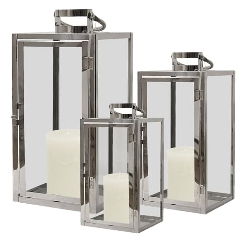 Mojawo® XXL Luxus 3er Set Gartenlaternen Set aus Edelstahl Windlicht Laterne Glas 30/40 / 53 cm Silber von Mojawo