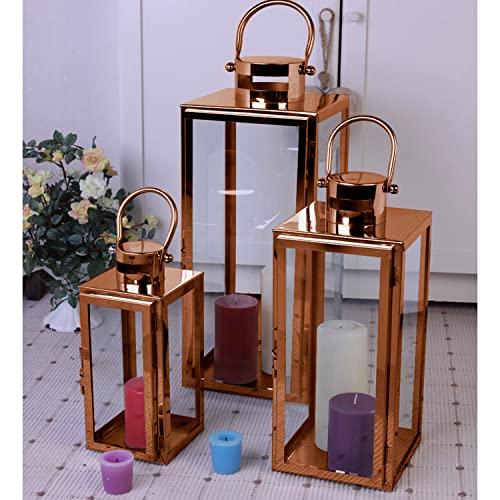 Mojawo® XXL Luxus 3er Set Gartenlaternen Set aus Edelstahl Windlicht Laterne Glas Rosegold 30/40 / 53 cm Kupferfarben von Mojawo