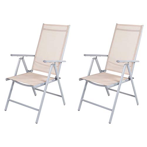 Mojawo 2er Set Gartenstuhl - Hochlehner 7-Fach verstellbar - zusammenklappbar - Klappstuhl - witterungsbeständiges Aluminium - wetterfeste Gartenmöbel - Silber/Beige von Mojawo