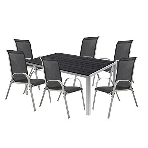 Mojawo 7er Set Alu Silber Gartenmöbel Gartengarnitur Non Wood 150x90x74cm + 6 Stapelstühlen Textilen von Mojawo
