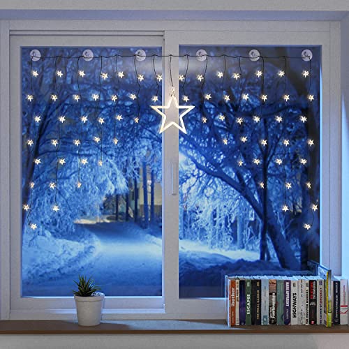 Beleuchteter Weihnacht Sternenvorhang Lichterkette Fensterdeko 90 LED warm weiß mit Saugnäpfe Einfach zu montieren von Mojawo