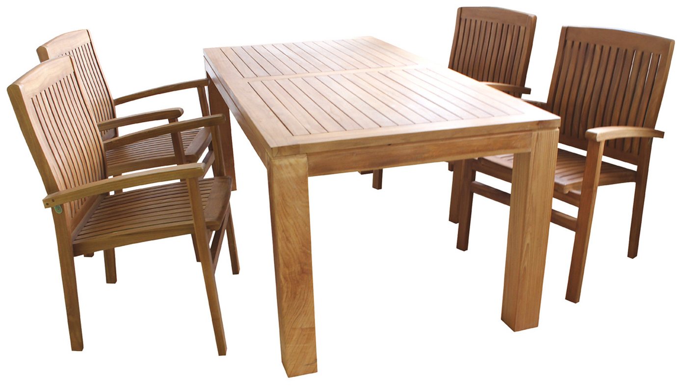 Mojawo Essgruppe Gartenmöbel 5-tlg. Esstisch Teakholz 180x90x75cm + 4 Stapelstühle Teak von Mojawo