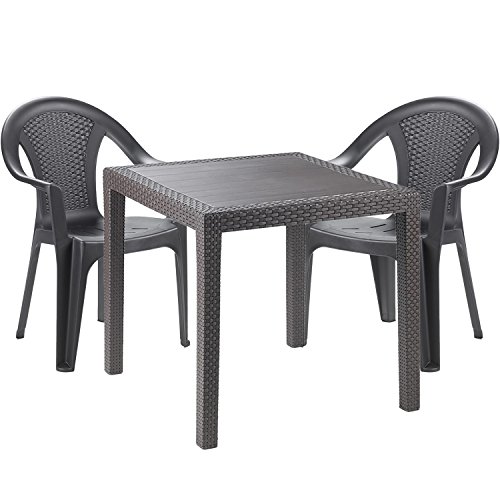 Mojawo Gartengarnitur - 3-teilig - Gartentisch Kunststoff 79x79cm H72cm - + 2 Stapelstühle - Kunststoff Anthrazit - Bistro Set - Esstisch - Stapelstuhl von Mojawo