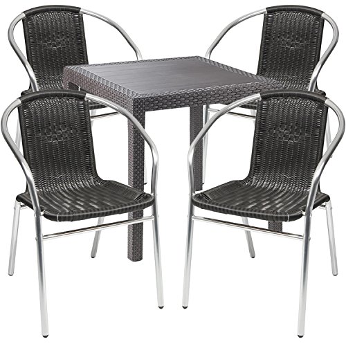 Mojawo Gartengarnitur - 5-teilig - Gartentisch Kunststoff 79x79cm H72cm - + 4 Stapelstühle - Kunststoff - Aluminium - Bistro Set - Esstisch - Stapelstuhl von Mojawo