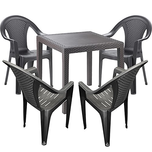 Mojawo Gartengarnitur - 5-teilig - Gartentisch Kunststoff 79x79cm H72cm - + 4 Stapelstühle - Kunststoff Anthrazit - Bistro Set - Esstisch - Stapelstuhl von Mojawo