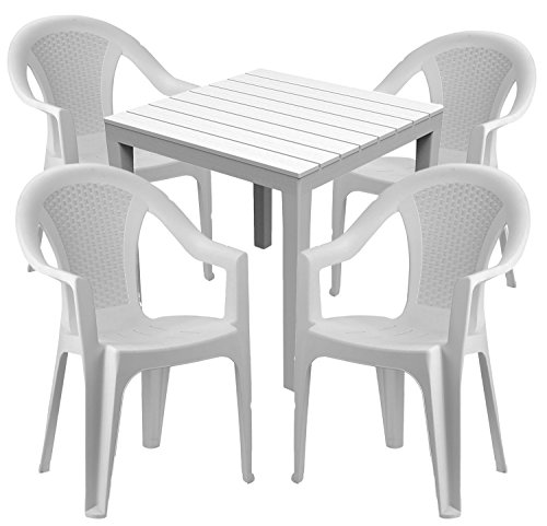 Mojawo Gartengarnitur - 5-teilig - Gartentisch Kunststoff 79x79cm H72cm - + 4 Stapelstühle - Kunststoff Weiß - Bistro Set - Esstisch - Stapelstuhl von Mojawo