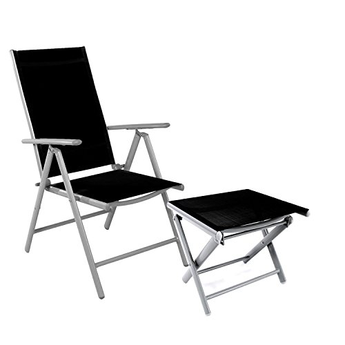 Mojawo Gartenstuhl - Hochlehner 7-Fach verstellbar - zusammenklappbar + Klapphocker - witterungsbeständiges Aluminium - wetterfeste Gartenmöbel - Silber/Schwarz von Mojawo