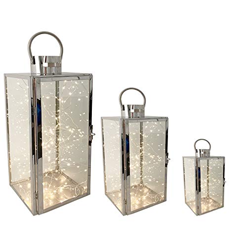 Mojawo Komplett Set XXL Luxus 3er Set Gartenlaternen Set aus Edelstahl Windlicht Laterne Glas 30/40 / 53 cm Silber + 3 x LED Lichterketten von Mojawo