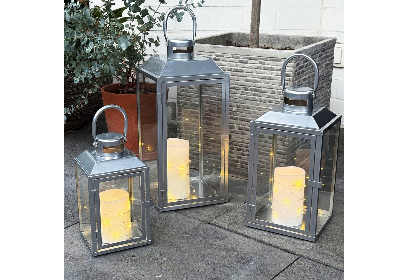 Mojawo Laterne 3er Gartenlaternen Laternen Metall Windlicht Silber H24/33/41cm von Mojawo