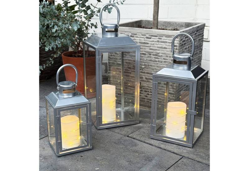 Mojawo Laterne 3er Gartenlaternen Laternen Metall Windlicht Silber H24/33/41cm von Mojawo