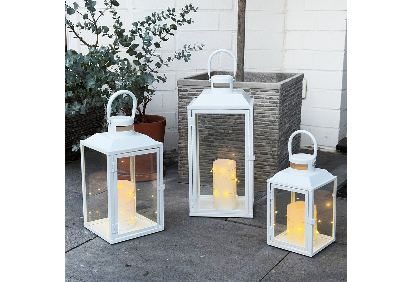 Mojawo Laterne 3er Gartenlaternen Laternen Metall Windlicht Weiß H24/33/41cm von Mojawo
