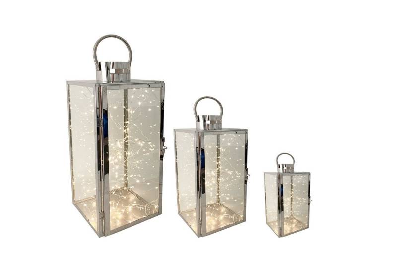 Mojawo Laterne 3er Set Edelstahl-Laternen 30/40/53cm + 3 LED Tropfen Lichterkette von Mojawo