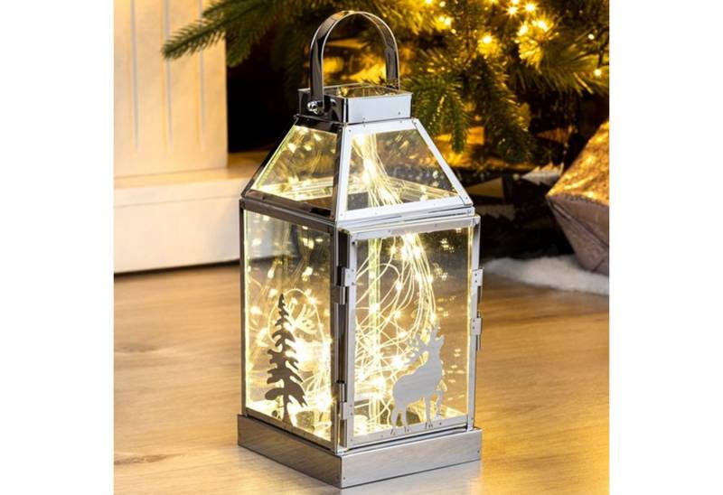 Mojawo Lichtervorhang LED Edelstahl Glas Laterne Windlicht Weihnachten Batterie warmweiß von Mojawo