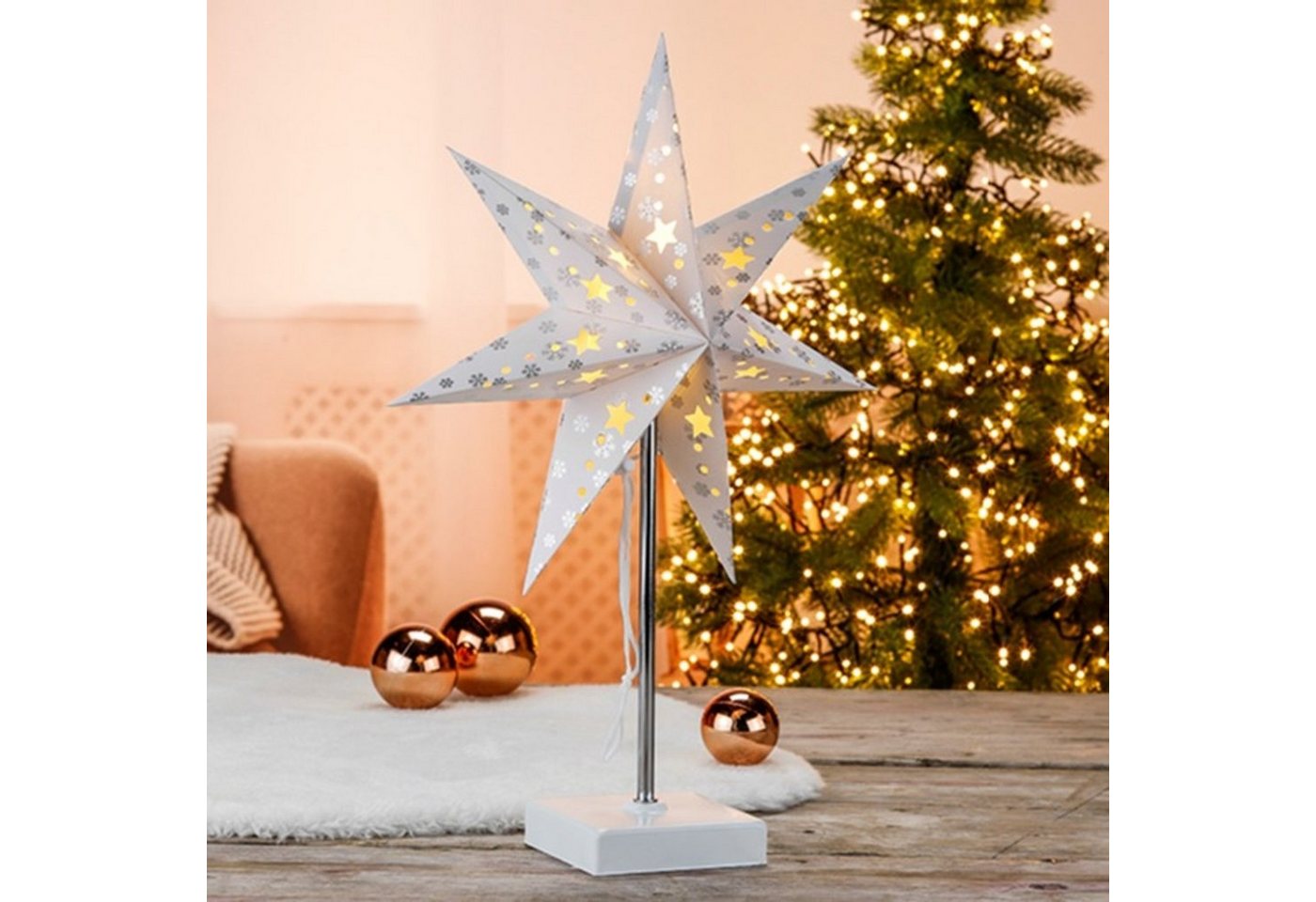 Mojawo Lichtervorhang LED Papierstern Weihnachtstern Dekostern Tischlampe H47cm Batterie von Mojawo