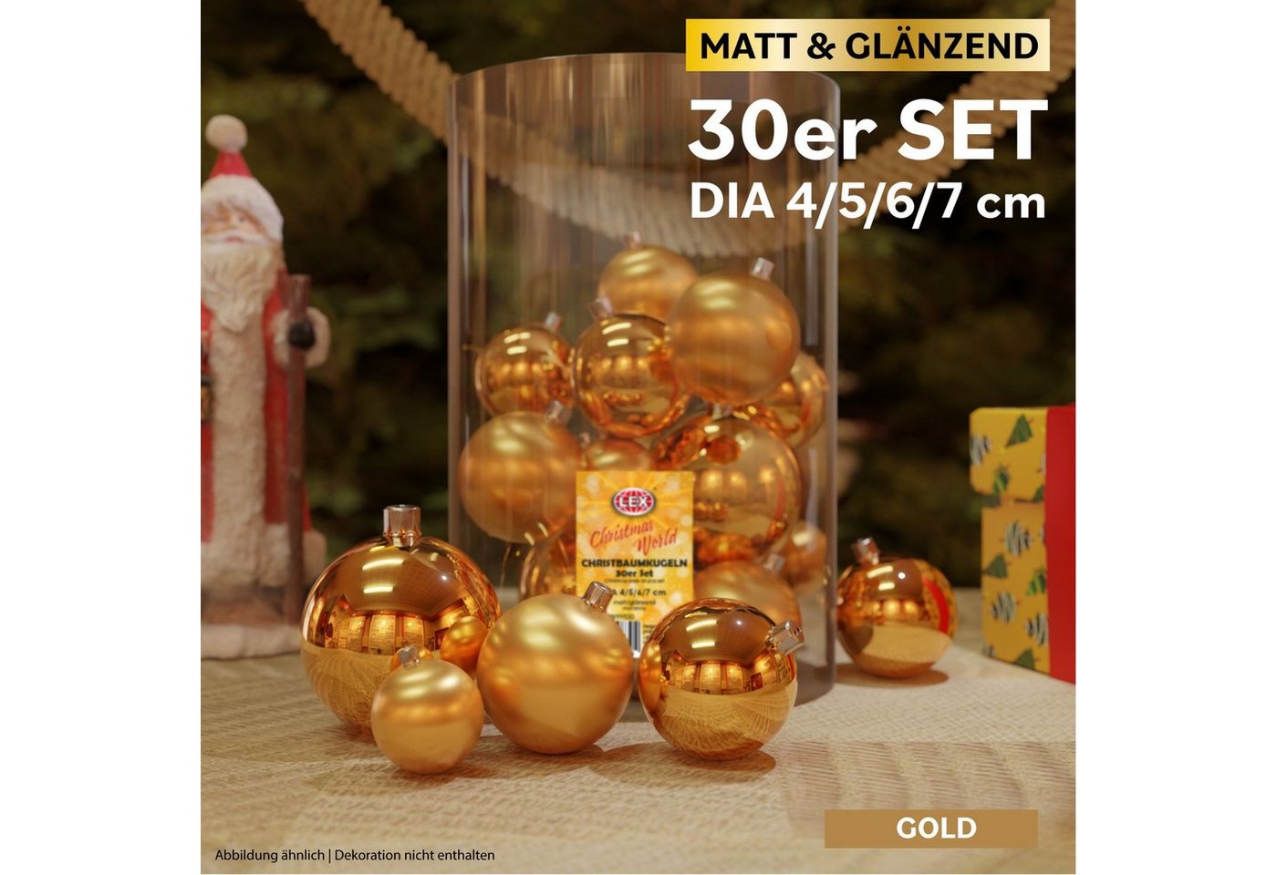 Mojawo Weihnachtsbaumklammer 30tlg. Christbaumkugeln / Weihnachtskugeln gold Ø 4/5/6/7cm von Mojawo