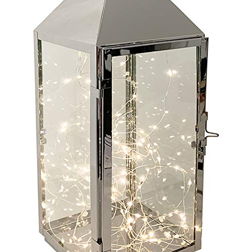 Mojawo XXL Luxus Gartenlaterne aus rostfreier Edelstahl Windlicht Laterne Glas H54 cm Silber + LED Tropfen Lichterkette von Mojawo