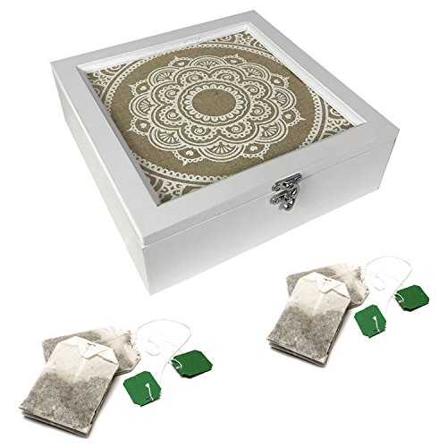 Nostalgische Teebox aus Holz als Vorrats Teedose im Shabby Chic Look dekorativem Deckel Weiß Teebeutel 9 Fächer von Mojawo