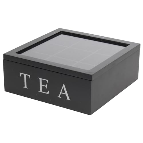 Teebox aus Holz, Teekasten in der Farbe Schwarz, Teekiste mit 9 Fächern, große Teebeutelbox von Mojawo