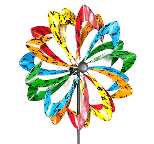 XXL Doppel Windrad bunt Windspiel Antik Kupferfarben oder Multicolor aus Metall Höhe ca.140cm oder 210cm ca. Ø 38cm oder 62cm tolle Gartendekoration, Farben:Mehrfarbig, Größen:H140cm Ø38cm von Mojawo