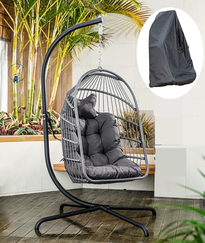 MOJIA Hängesessel mit Gestell Polyrattan mit Kissen & Abdeckhaube, Hängesessel Outdoor&Indoor Faltbarer Hängestuhl Belastbar bis 190 kg (Grau) von Mojia