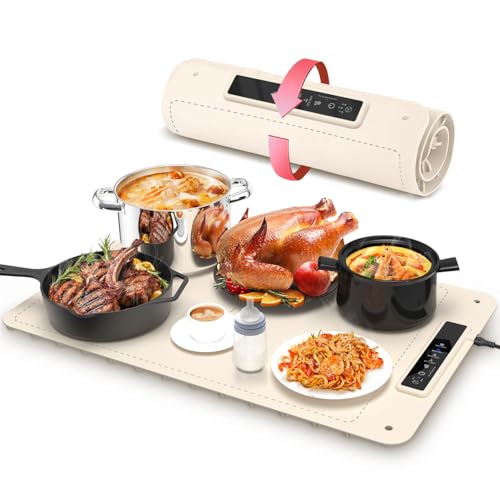 Mojimdo Warming Plate Wärmeplatte für Speisen – Lebensmittelechtes Silikon, 3 Temperaturstufen, vollflächige Erwärmung, flexibel aufrollbar & aufhängbar, ideal für Zuhause, Buffets & Partys – Beige von Mojimdo