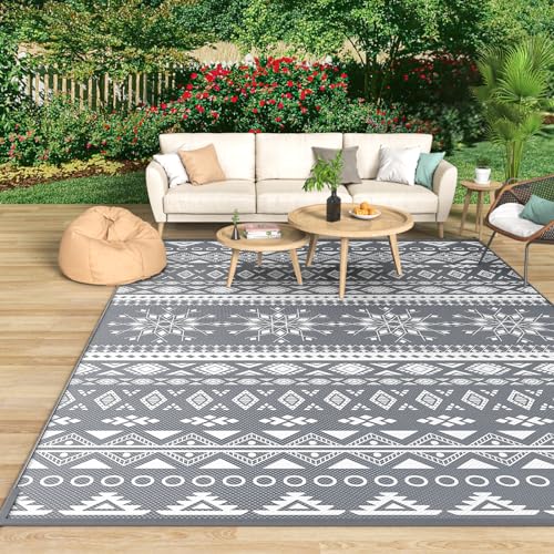 MOKANI Outdoor Teppich Wetterfest, Wendbarer Balkon Camping Teppich 120x180 cm, Kunststoff Stroh Terrasse Matte UV-beständige Outdoorteppich Rug Carpet für Garten RV Picknick, Boho-Style, Grau von MOKANI
