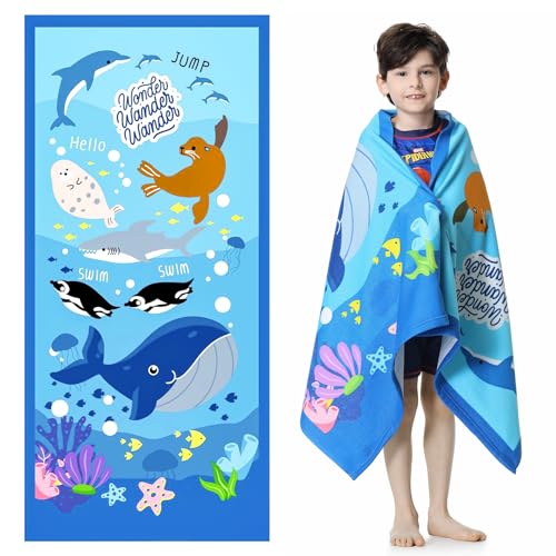 Mokani Strandtuch Kinder, 70 x 150cm Handtuch Badetuch Duschtuch für Mädchen und Jungen Mikrofaser Weich Ultra Saugfähig Schwimmen Stranddecke Blau Meerestiere von Mokani