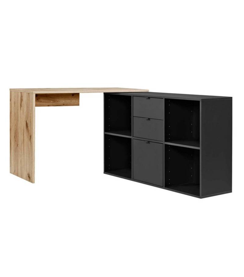 mokebo Eckschreibtisch Der Produktive (mit 2 Schubkästen & 1 Tür), kuscheliger Sitzhocker, Fußhocker oder Hocker in Felloptik in Beige von Mokebo