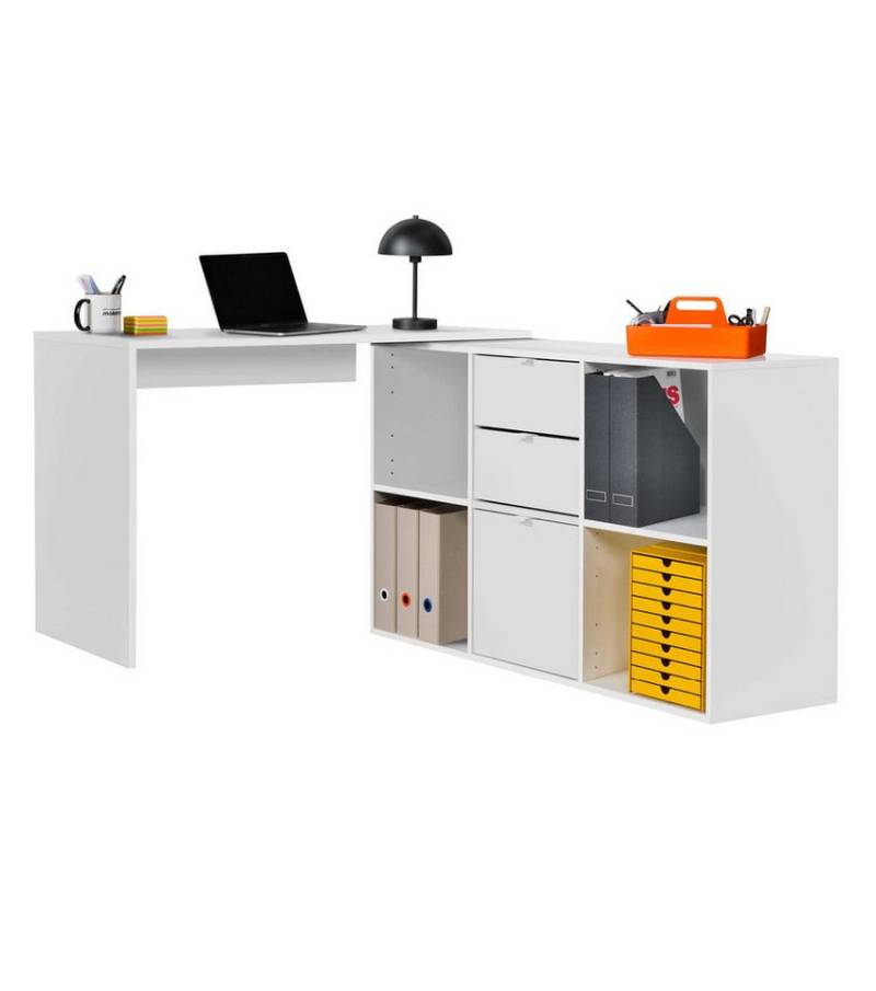 mokebo Eckschreibtisch Der Produktive (mit 2 Schubkästen & 1 Tür), kuscheliger Sitzhocker, Fußhocker oder Hocker in Felloptik in Beige von Mokebo