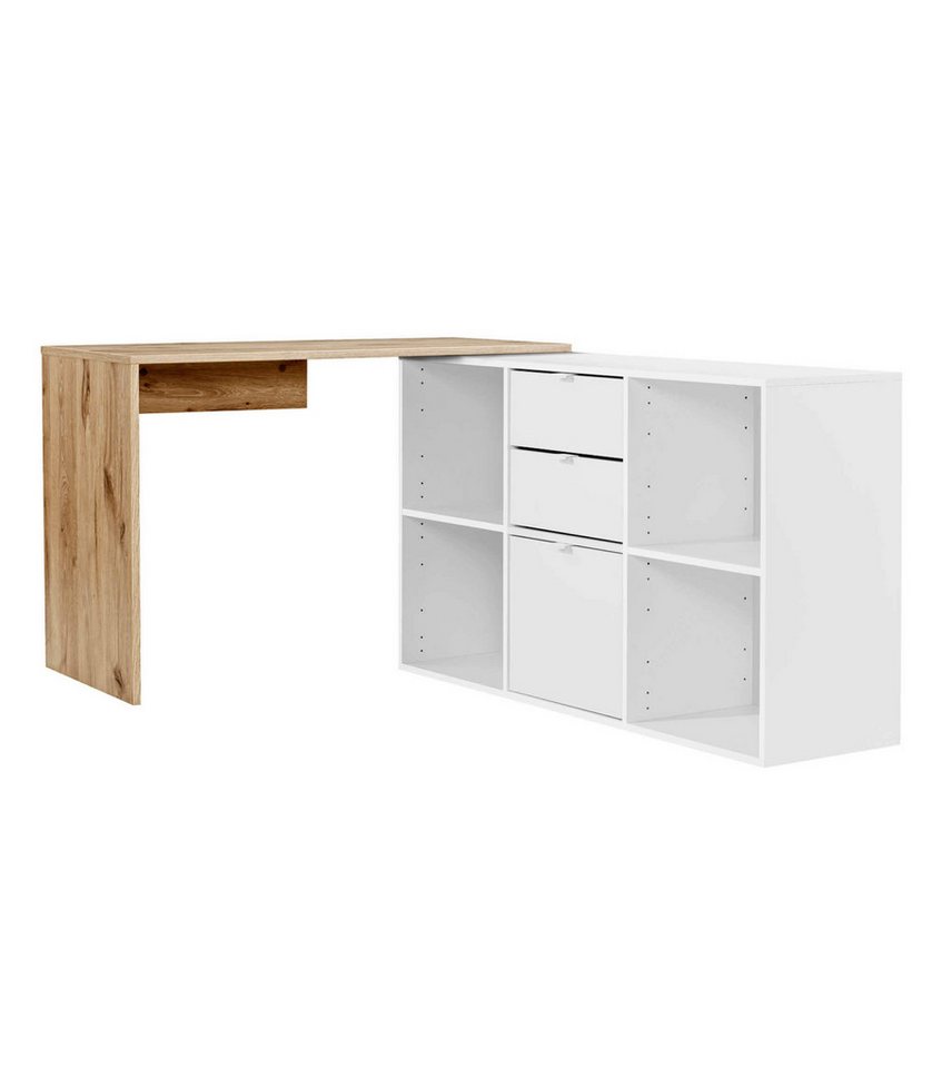 mokebo Eckschreibtisch Der Produktive (mit 2 Schubkästen & 1 Tür), kuscheliger Sitzhocker, Fußhocker oder Hocker in Felloptik in Blau von Mokebo