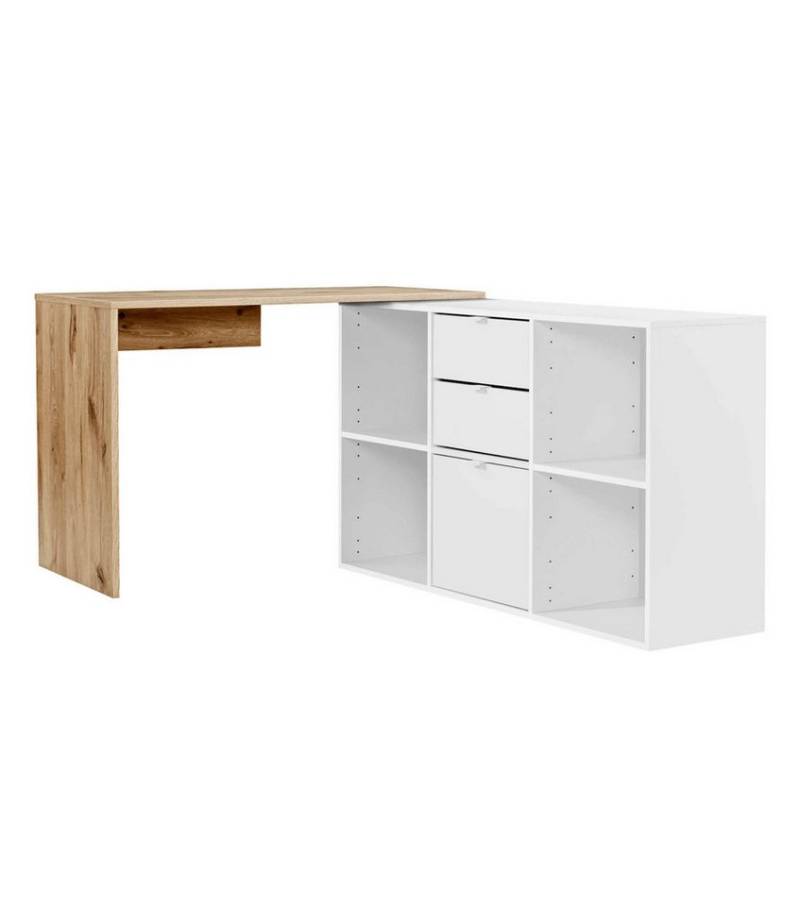 mokebo Eckschreibtisch Der Produktive (mit 2 Schubkästen & 1 Tür), kuscheliger Sitzhocker, Fußhocker oder Hocker in Felloptik in Blau von Mokebo