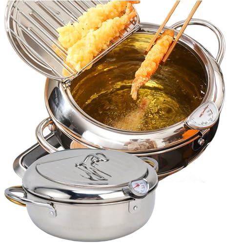 Japanische Fritteuse, Japanischer Frittiertopf, 24 cm, Tempura Fritteuse, Edelstahl-Frittiertopf mit Ölabtropfgestell, mit Thermometer, Mini-Edelstahl-Kochfritteuse, Zum Braten Und Kochen(Silber) von Mokernali