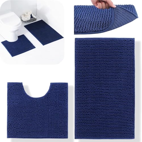 Rutschfeste Badematten-Set, Badezimmermatte set 2 Teilig, Chenille Badezimmerteppich, 50×80 cm/50×50 cm, Badematten set, mit Rutschfester Rückseite, für Badezimmer, Küche, Wohnzimmer(Navy blau) von Mokernali