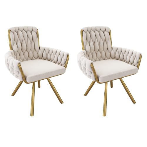 Mokernali Samt-Esszimmerstuhl, 2er Set, Sessel, einzelner luxuriöser Wohn- und Schlafzimmer-Drehstuhl, Freizeit-Drehstuhl mit Vier Stützbeinen aus Metall, beige von Mokernali