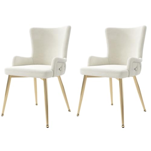 Mokernali Samt-Esszimmerstuhl, 2er-Set, luxuriöser Wohnzimmer-Schlafzimmer-Loungesessel mit Vier goldfarbenen Metallstützbeinen, Beige von Mokernali