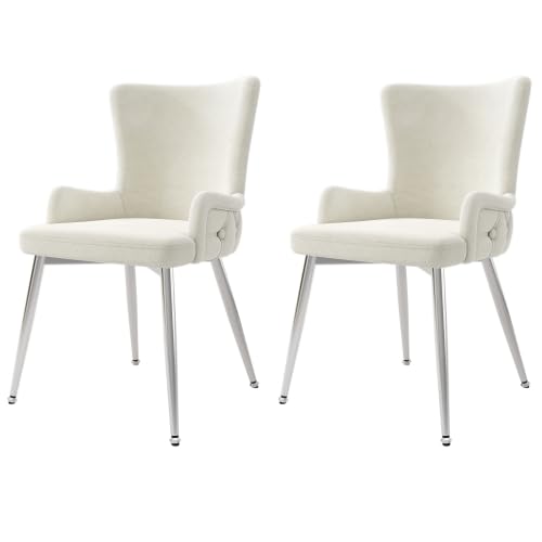 Mokernali Samt-Esszimmerstuhl, 2er-Set, luxuriöser Wohnzimmer-Schlafzimmer-Loungesessel mit Vier silberfarbenen Metallstützbeinen, Beige von Mokernali