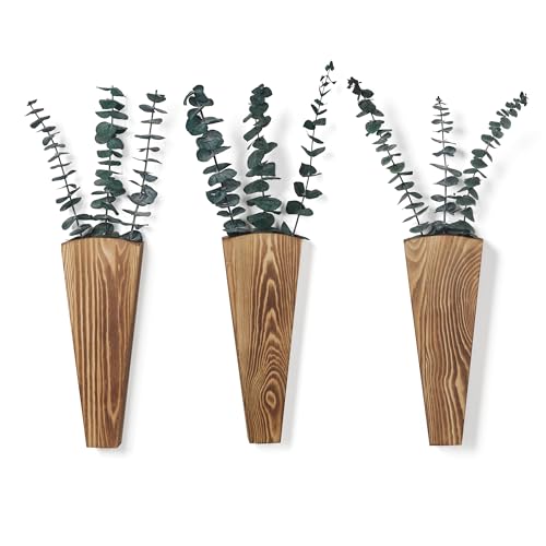 Mokof 3er-Pack Wand-Pflanzgefäß aus Holz für Zimmerpflanzen, Holz-Taschenvase für getrocknete Blumen und Eukalyptusstiele, moderne Bauernhaus-Holzwanddekoration für Wohnzimmer, Schlafzimmer, von Mokof