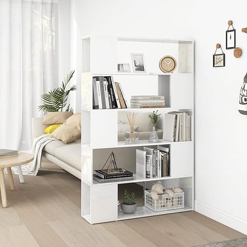 Mokuyary Bücherregal Raumteiler Hochglanz-Weiß Holzwerkstoff Bücherregal, Regal Standregal, Büroregal, freistehend, Dekoregal, zur Präsentation, modern, für Wohnzimmer, Schlafzimmer, Büro von Mokuyary