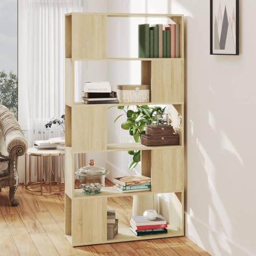 Mokuyary Bücherregal Raumteiler Sonoma-Eiche 80x24x155 cm Holzwerkstoff Bücherregal, Regal Standregal, Büroregal, freistehend, Dekoregal, zur Präsentation, modern, für Wohnzimmer, Schlafzimmer, Büro von Mokuyary