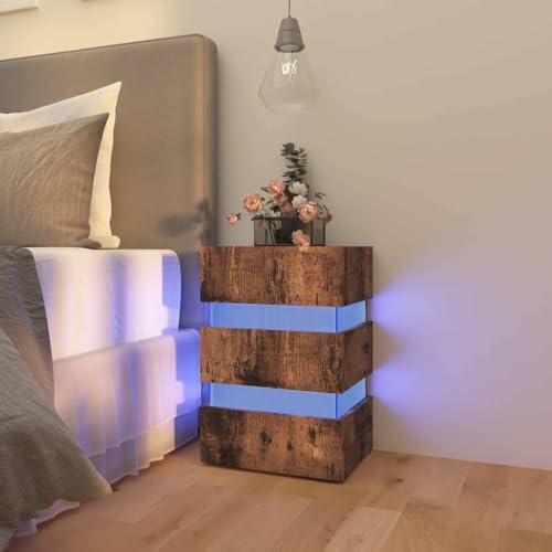 Mokuyary Nachttisch, Schlafzimmer, mit LED-Lichtern, Beistelltisch, Nachttisch, LED-Nachttisch, Holztechnik, rauchige Eiche, 45 x 35 x 67 cm Mokuyary Nachttisch, Schlafzimmer, mit LED-Lichtern, Beistelltisch, Nachttisch, LED-Nachttisch, Holztechnik, rauchige Eiche, 45 x 35 x 67 cm von Mokuyary