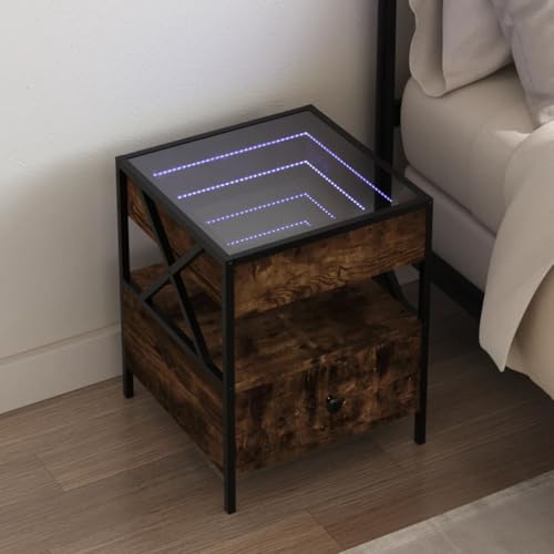 Mokuyary Nachttisch, Schlafzimmer, mit LED-Lichtern, Beistelltisch, Nachttisch, mit Infinity-LED, rauchige Eiche, 40 x 40 x 51 cm von Mokuyary