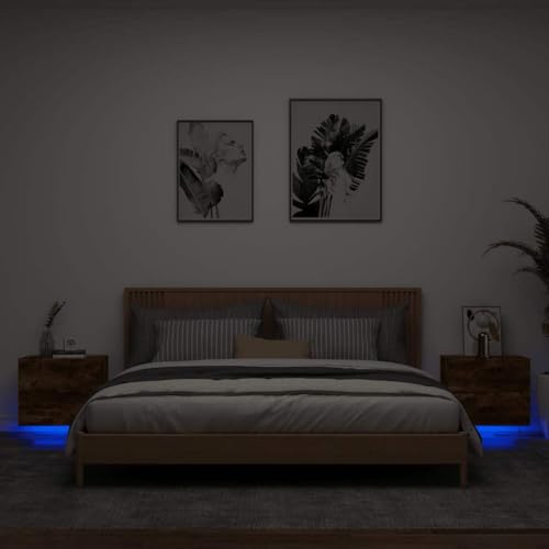 Mokuyary Set mit 2 Nachttischen mit LED-Lichtern, USB-Anschlüssen, Nachttisch, Schlafzimmer, modernes Design, Nachttisch mit LED-Lichtern, 2 Stück, Eiche rauchfarben von Mokuyary
