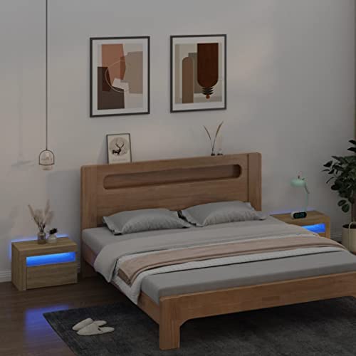 Mokuyary Set mit 2 Nachttischen mit LED-Lichtern, USB-Anschlüssen, Nachttisch, modernes Design, Nachttische mit LED-Lichtern, 2 Stück, Sonoma-Eiche, 60 x 35 x 40 cm von Mokuyary