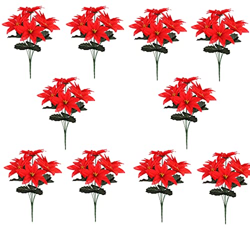 Mokyler 10 Stück künstliche Weihnachtssterne Blumen Weihnachtsstern Dekoration rote Weihnachtssterne Seide Blumen künstlicher Blumenstrauß künstlicher Weihnachtsstern Blumen Zweig für Heimdekoration von Mokyler